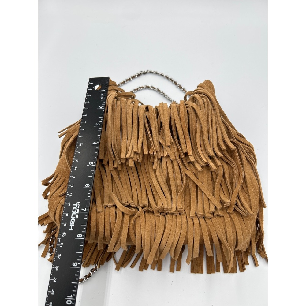 Tory Burch Mini Fleming Suede Fringe Hobo Bag Wild Tobacco Brown Silver Chain - Picture 10 of 11